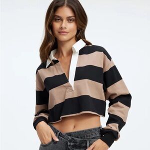 Good American Cropped Rugby Shirt - Putty & Black Striped Top